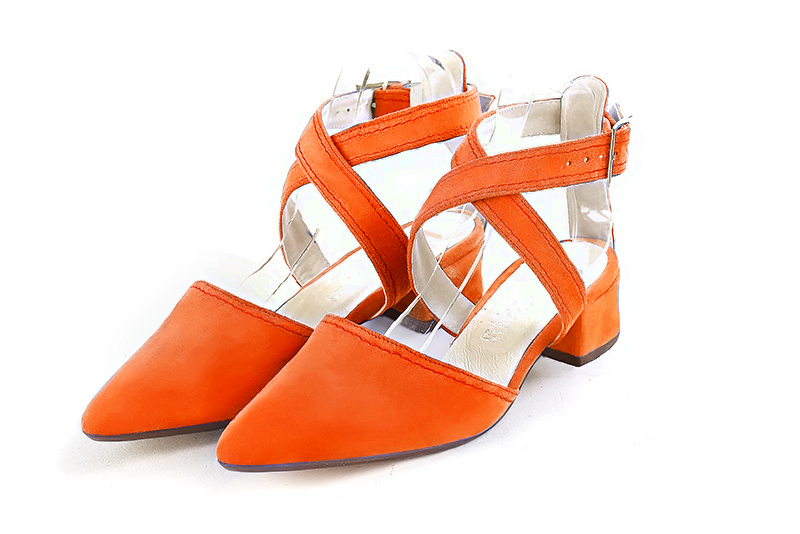 Clementine orange women's open back shoes, with crossed straps. Tapered toe. Low flare heels. Front view - Florence KOOIJMAN